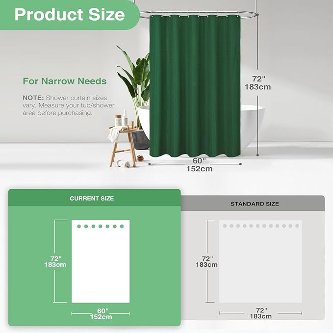 Dynamene 60 inch Stall Shower Curtain - Waffle Weave Heavy Duty Thick Fabric Shower Curtains for Bathroom,Weighted Hotel Spa Luxury Cloth Bath Curtain Set with 10 Plastic Hooks,60x72, Dark Green