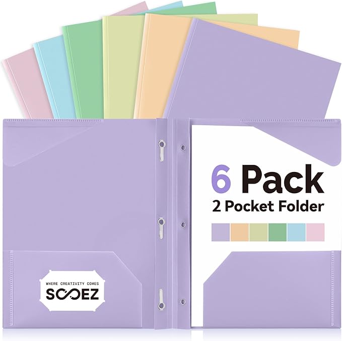 Sooez Folders with Pockets and Prong, 6 Pack, Pastels Colors, File Folders with Prongs, 2 Pocket Folders Bulk, Plastic Folder, School Folder College Supplies, Aesthetic Nursing Cute School Supplies