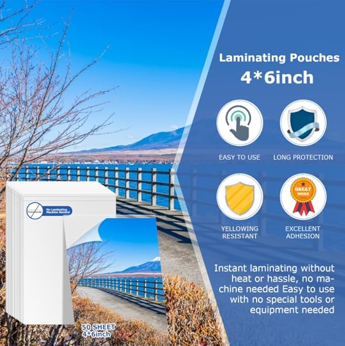 50 Sheets Self Seal Laminating Pouches 4x6 Self Adhesive Laminating Sheet No Heat No Laminating Machine Needed for Photos Index Cards（4x6inch）