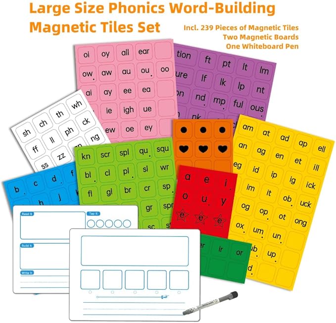 Large Size Phonics Word Building Magnetic Tiles Set, 239 Pieces Color-Coded Magnet Tiles with 2 Magnetic Spelling Boards, Phonics Manipulatives Classroom Must Have Magnetic Letter Tiles Phonics Kit