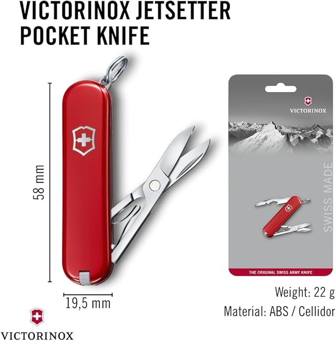Victorinox Jetsetter Swiss Army Knife, Compact 7 Function Swiss Made Pocket Knife with Scissors, Magnetic Phillips Screwdriver and Key Ring – Red