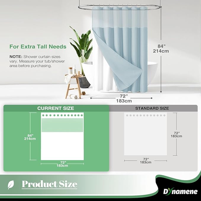 Dynamene Extra Long Shower Curtain, 84 Inch Long Waffle Fabric Shower Curtain for Bathroom, Tall Waterproof Cloth Shower Curtain Liner Set with Hook, Snap in Liner, Mesh Top Window, Fog Blue, 72x84