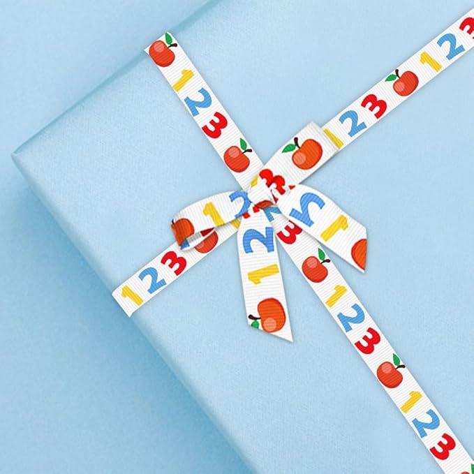 6 Rolls 30 Yards Back to School Ribbons - First Day Grosgrain Red Blue Yellow Plaid Apple 3/8" - School Rock Gift Wrapping for Teacher Kindergarten Party Supply