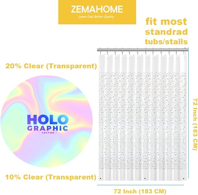Holographic Thin 3D EVA Shower Curtain Liner Glitter Star, 72x72 Premium Light Weight Clear Plastic Bathroom Shower Curtain with Rustproof Metal Grommets for Shower Stall, Bathtubs(No Hooks)