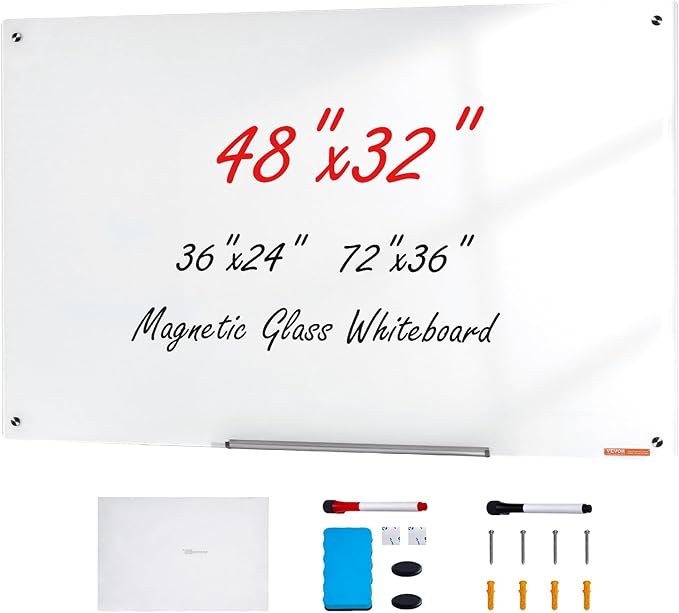 VEVOR Magnetic Glass Writing Board, Erasable 48"x32", Frameless Wall Hanging White Glassboard, Includes Marker Holder, an Eraser, and 2 Writing Pens, White