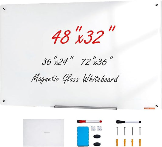 VEVOR Magnetic Glass Writing Board, Erasable 48"x32", Frameless Wall Hanging White Glassboard, Includes Marker Holder, an Eraser, and 2 Writing Pens, White