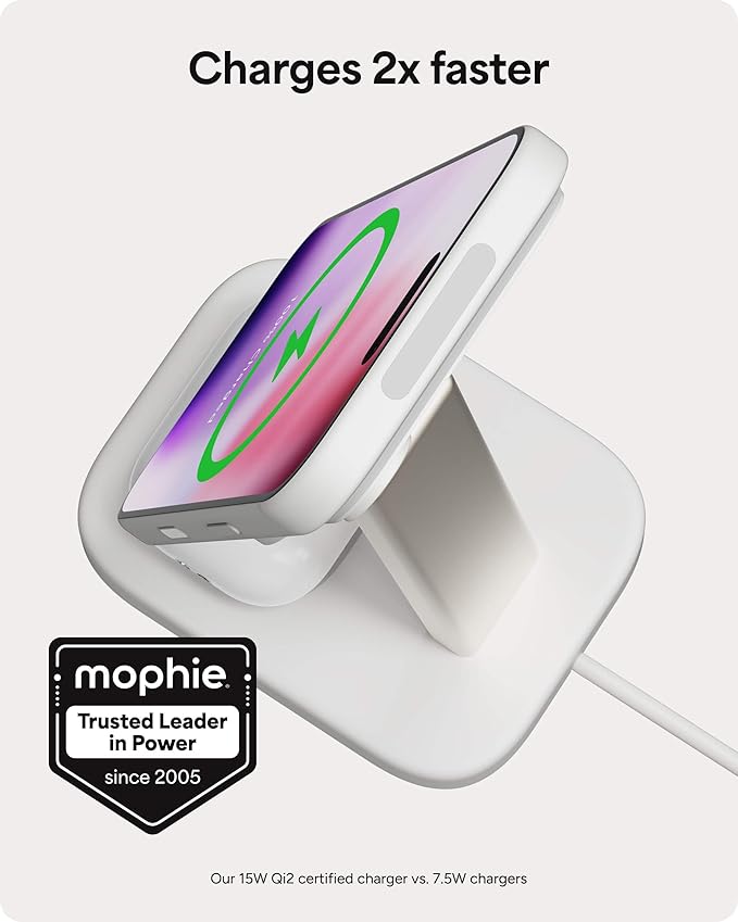 Mophie 2-in-1 Wireless Charging Stand - Qi2-Certified, MagSafe Charger for iPhone & AirPods – Fast Charging Station with Adjustable Phone Stand & Cable Management – Up to 15W Power