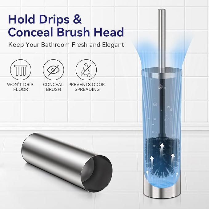 DOWRY Stainless Steel Freestanding Toilet Bowl Brush and Holder with Long Handle for Bathroom Storage Organization,Sturdy Deep Cleaning Toilet Bowl Cleaner,Nickel Round 2PCS