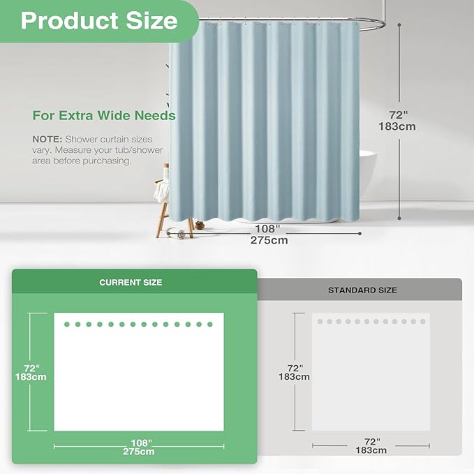 Dynamene Extra Wide Shower Curtain-108 Inch Wide Waffle Weave Weighted Thick Cloth Bathroom Shower Curtain, Neutral Heavy Duty Hotel Bath Curtain Set with 18 Plastic Hooks,108x72, Fog Blue