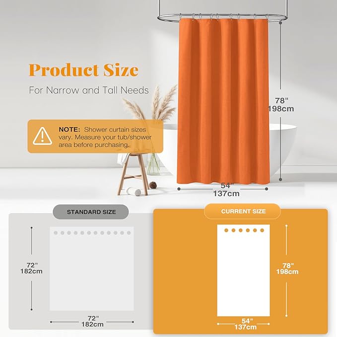 BTTN Stall Fabric Shower Curtain - 54x78 Inch Long Linen Textured Heavy Duty Shower Curtain Set with 10 Plastic Hooks, Narrow Neutral Outdoor Weighted Waterproof Shower Curtains for Bathroom - Orange