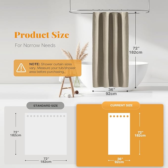 BTTN Fabric Shower Curtain, Linen Textured Heavy Duty Polyester Cloth Shower Curtain Set with Plastic Hooks, tan, 36x72