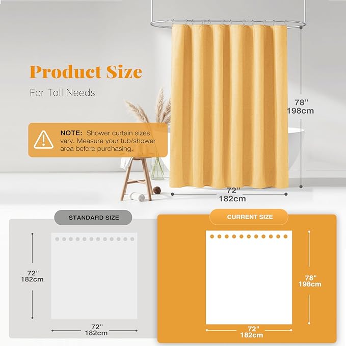 BTTN 78 Inch Long Shower Curtain - Linen Textured Heavy Duty Fabric Shower Curtain Set with 12 Plastic Hooks, Wrinkle Free, Machine Washable, Neutral Cloth Spa Bath Curtains for Bathroom, 72x78, Gold