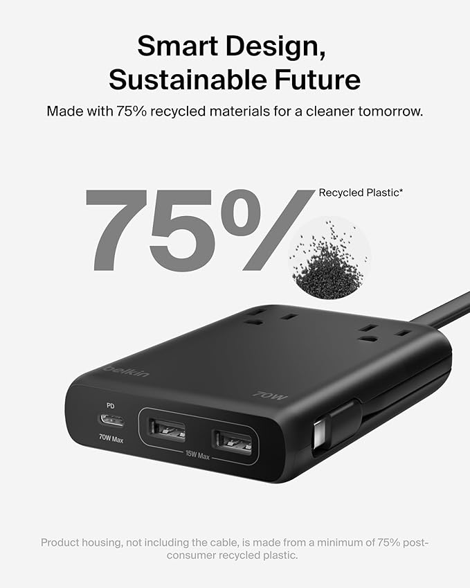 Belkin Travel Power Strip 70W, 6-in-1 GaN Charging Station USB C Charger w/ 2 AC Outlets, 2 USB A Ports, Integrated USB C Cable - Power Strip for iPhone, Apple Watch, iPad, MacBook, Chromebook, Laptop