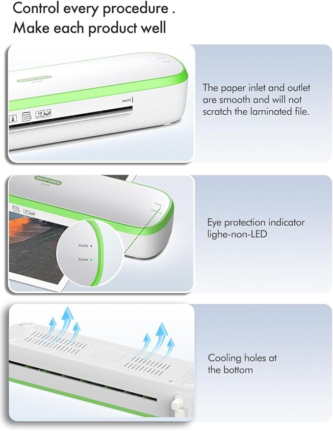 Quiet Laminator Machine for Home & Teachers – SINOPUREN 9-Inch Thermal Laminator, Whisper-Quiet, Fast 3-Min Warm-Up, Jam-Free ABS, Paper Cutter & Corner Rounder, for School, Crafts & Office