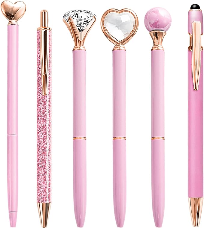 Pink Pens for Women, 6 Pcs Cute Pens Ballpoint Pen Bulk, 1.0mm Medium Point Black Ink, Office and School Supplies Fancy Nice Pen Gifts for Girls Nurse Teacher (Pink)