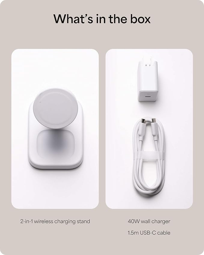 Mophie 2-in-1 Wireless Charging Stand - Qi2-Certified, MagSafe Charger for iPhone & AirPods – Fast Charging Station with Adjustable Phone Stand & Cable Management – Up to 15W Power