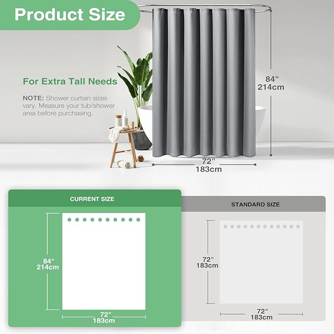 Dynamene Extra Long Shower Curtain,84 Inch Long Grey Waffle Weave Heavy Duty Fabric Bathroom Shower Curtain, Neutral Weighted Hotel Thick Bath Curtain Set with 12 Plastic Hooks,72x84,Grey/Gray