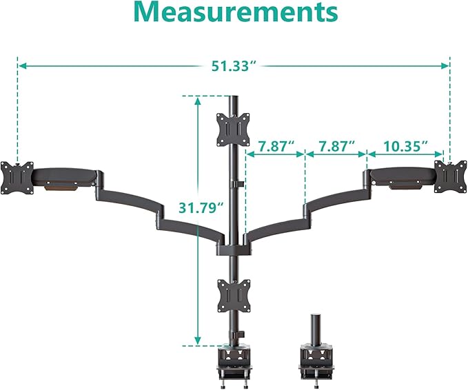 WALI Quad Monitor Mount for 13-27 inch Screens, Extra Tall 4 Monitors Desk Mount, up to 19.8lbs, 32.2 inch Height Max, Fully Adjustable Gas Spring 4 Monitor Stand, VESA 75/100mm (GSDM004S), Black