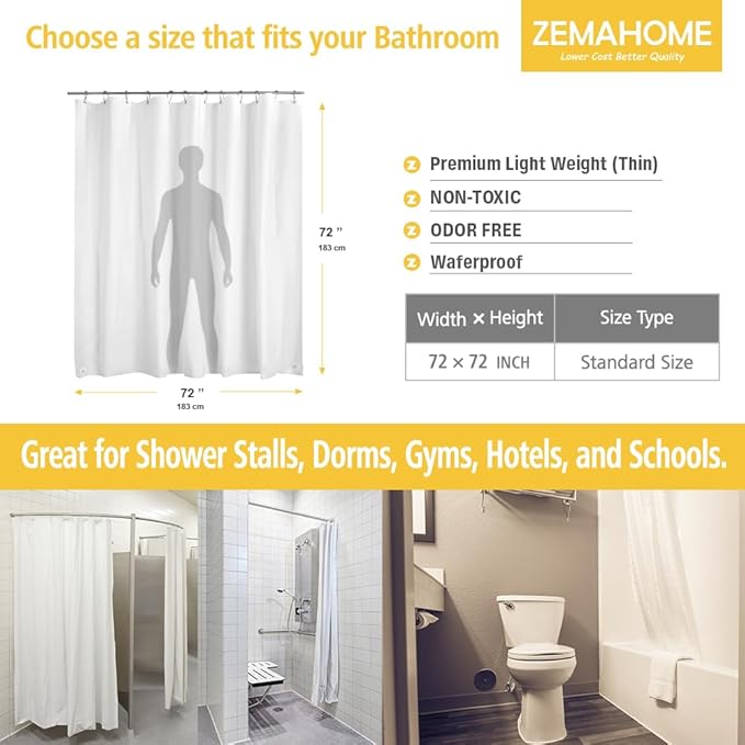 White Plastic Shower Curtain Liner, 72x72 Inch Thin Lightweight Plastic Bathroom Shower Showroom Inner Curtain with Rustproof Metal Grommet Holes and Weighted Magnets