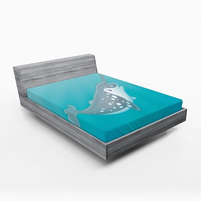 Ambesonne Narwhal 2 Pack Fitted Sheet, Cartoon Mammal Drawing, Bed Cover All-Round Elastic Deep Pockets 2 Pieces, Package Contains 2 Queen Size Fitted Sheets, Seafoam White