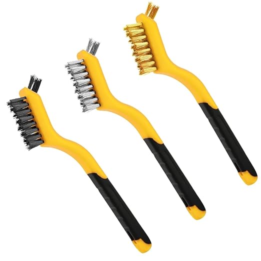 Wire Brush Set, 6 Pcs Brass/Stainless Steel/Nylon Wire Brushes for Cleaning with Curved Handle Grip for Rust Removal, Dirt, Paint Scrubbing