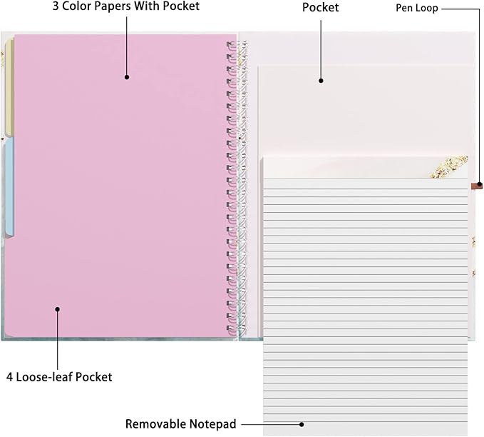 Rimilak Spiral Clipboard Folio with Refillable Lined Notepad, 14.5 x 9.8 In, Hardcover Cover with 5 Interior Pockets, Elastic Band and Pen Loop Series. Cute Stylish Clipfolio, Pink Gold Marble