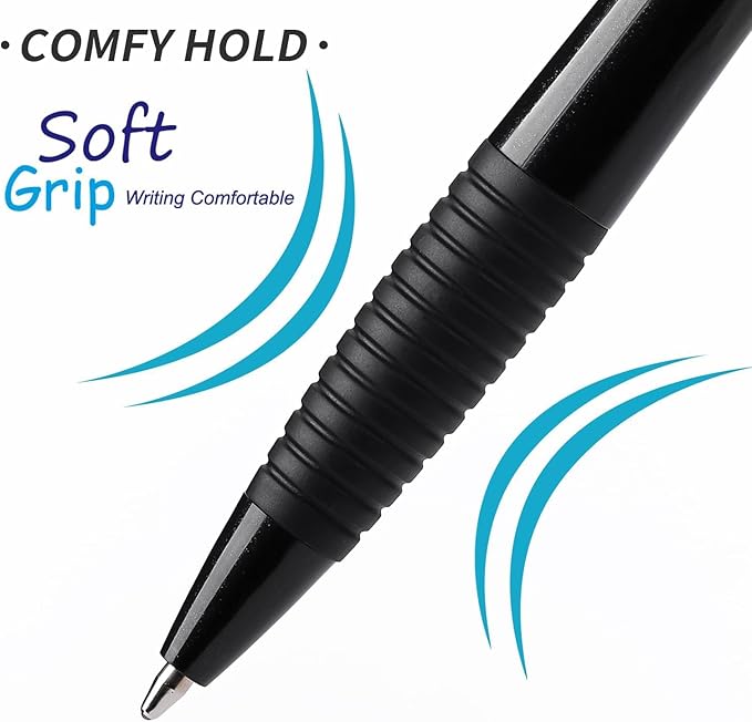 Pens Bulk, 60 Pack Black Gripped Slimster Ballpoint Pens Black Ink 1.0mm Medium Point Smooth Writing, Click Pens with Comfort Grip for Teachers, Students, Servers, School & Office Use