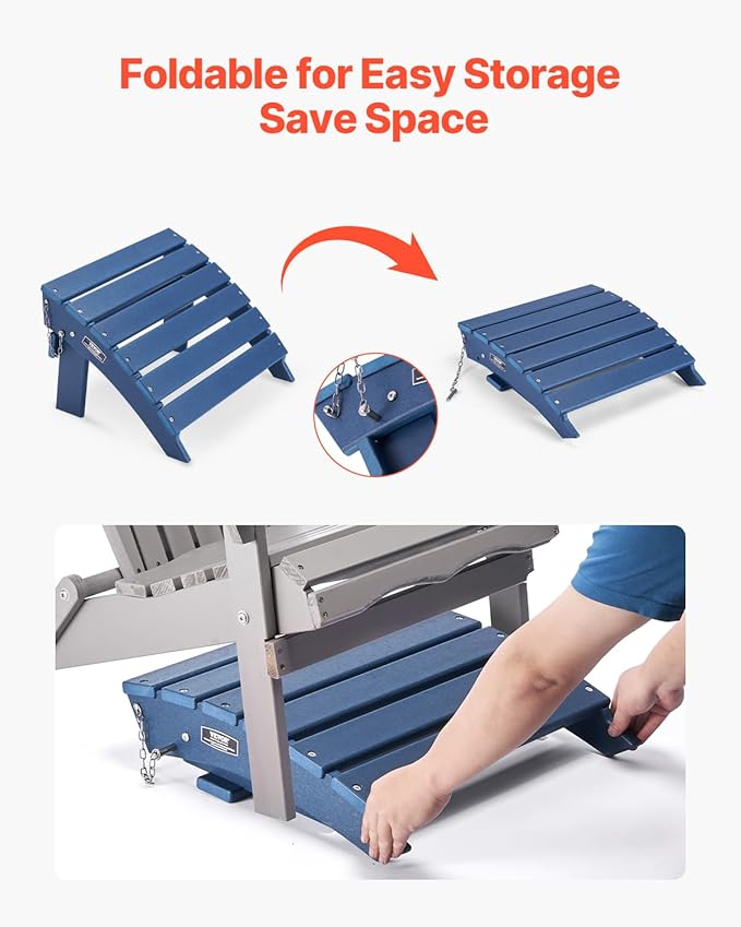 VEVOR Adirondack Ottoman, 15.7L x 18.9W x 13H Inch HDPE Plastic Folding Adirondack Ottoman, Weather-Resistant Foot Rest for Adirondack Chair, Widely Used for Outside Porch Pool Lawn Backyard, Blue