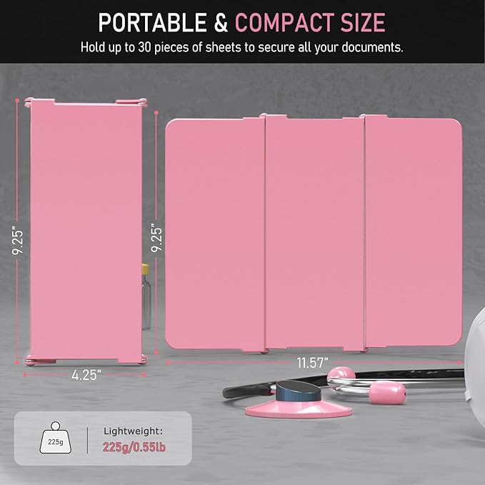 Nursing Clipboard Foldable Without Edition Cheat Charts, 3 Layers Aluminum, Nurse Board w/Low Profile Clip&Pen Clip Pocket, Pink