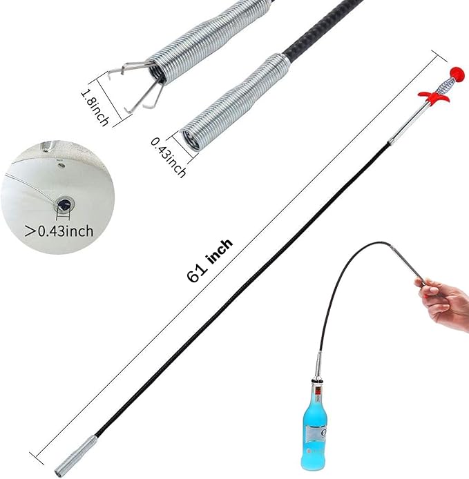 61 Inch Drain Snake Hair Drain Clog Remover With 4 Claws Bendable Hose Pickup Reaching Assist Tool for Home and Kitchen Sink
