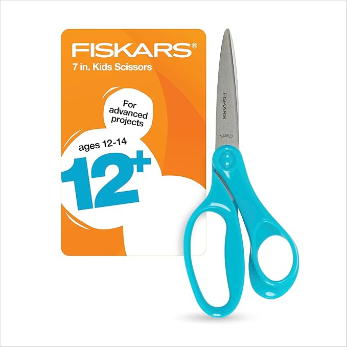 Fiskars 7" Student Scissors for Kids Ages 12-14, Scissors for School or Crafting, Back to School Supplies, Turquoise