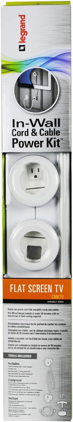 Legrand Wiremold CMK70 In Wall TV Power Grommet Kit, Cable Management Kit, Mounting Brackets, Fish Tape, and Hole Saw Included, White (1 Pair)