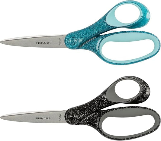 Fiskars 7" Student Glitter Scissors for Kids Ages 12-14 (2-Pack), Scissors for School or Crafting, Back to School Supplies, Black and Turquoise