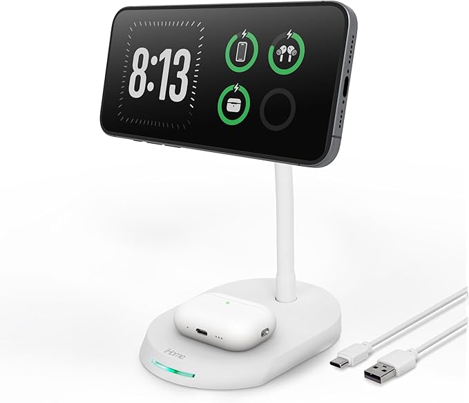 iHome Magnetic Charging Stand, 15W Wireless Charger for iPhone, Apple Watch & AirPods (2-in-1)