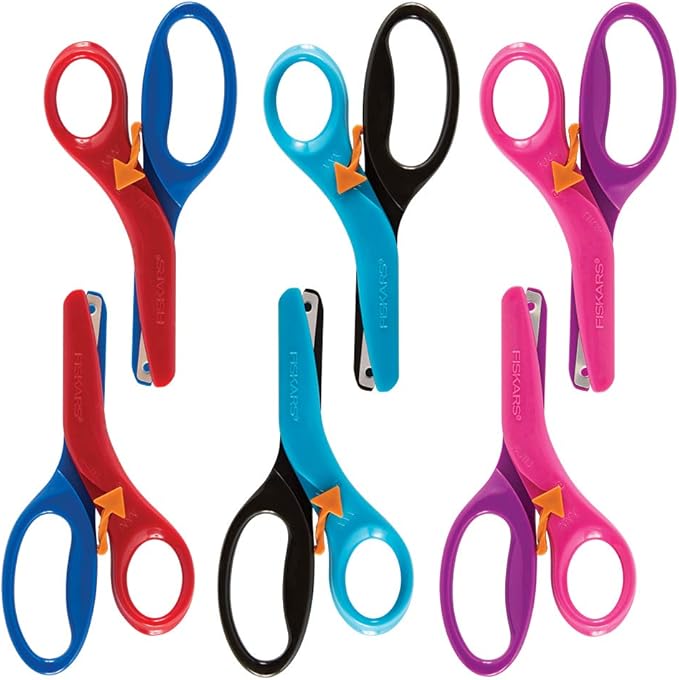 Fiskars Kids Scissors, Toddler Safety Scissors, Spring-Action Training Lever & Blunt Tips for Ages 3+, 6-Pack, Assorted Colors