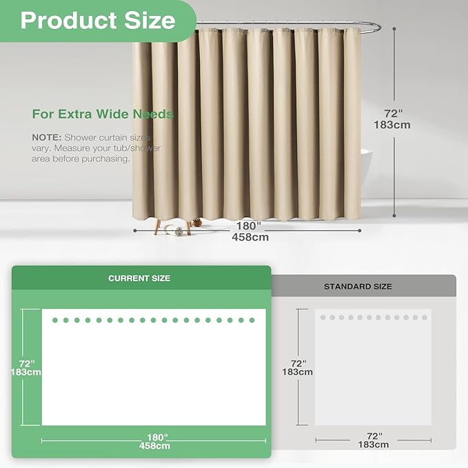 Dynamene Extra Wide Shower Curtain - 180 Inch Wide Waffle Weighted Thick Cloth Bathroom Shower Curtain, Neutral Heavy Duty Hotel Shower Curtain Set with 32 Plastic Hooks, 180x72, Beige/Khaki