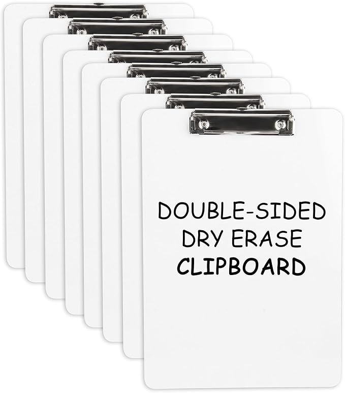 Dry Erase Wood Clipboard 8 Pack, Hardboard Clip Board 8.5x11 for Classroom, Students, Kid, Size 9" x 12.5", Double-Sided White Board, with Low Profile Clip, Office & School Supply
