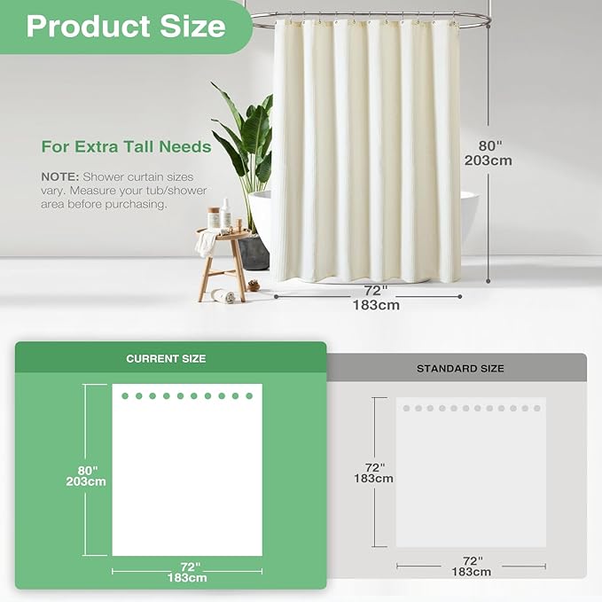 Dynamene Long Fabric Shower Curtain - Waffle Textured Tall Heavy Duty Cloth Shower Curtains for Bathroom, 256GSM Large Hotel Spa Luxury Bath Curtain Set with 12 Plastic Hooks(72Wx80H, Cream/Ivory)