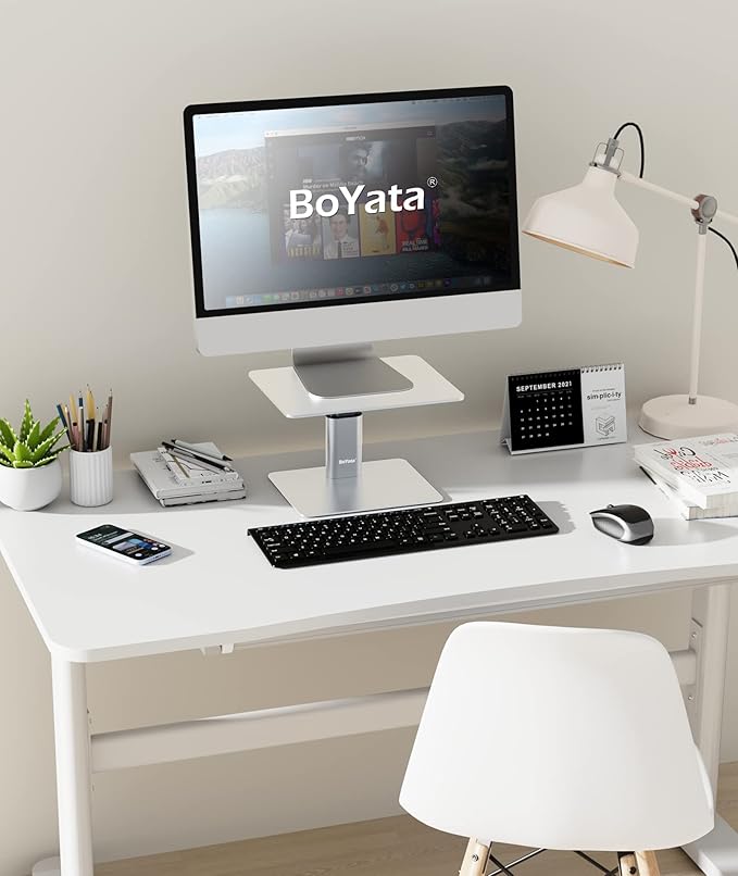 BoYata Monitor Riser Stand, Adjustable Height Metal Desktop Stand Storage Organizer Compatible with TV, PC, Laptop, Computer, iMac, and All Screen Display-Silver