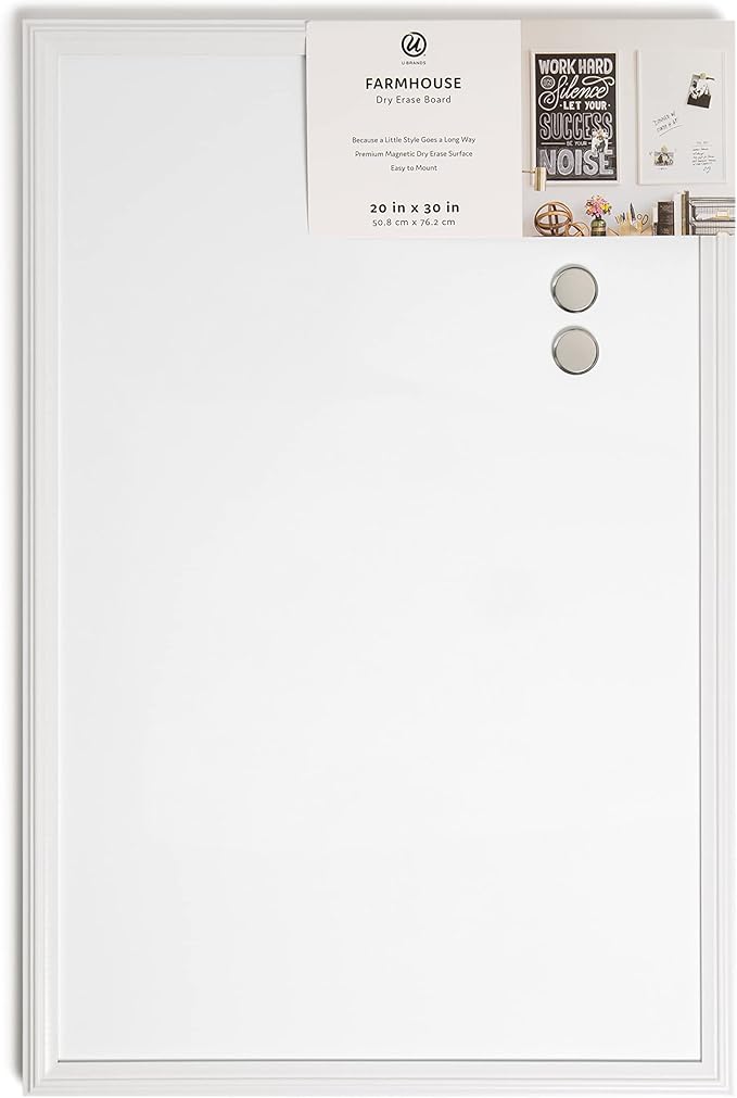 U Brands Farmhouse Board, Dry Erase White Board with White Frame, Office Supplies, Includes Magnets, 20” x 30” (2993U00-04)