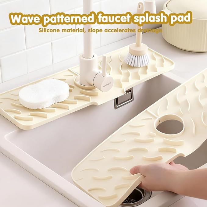 24" x 5.9" Silicone Faucet Mat for Kitchen Sink – Quick‑Drying Stone Splash Guard & Drip Tray, 0.67" Thick, Beige