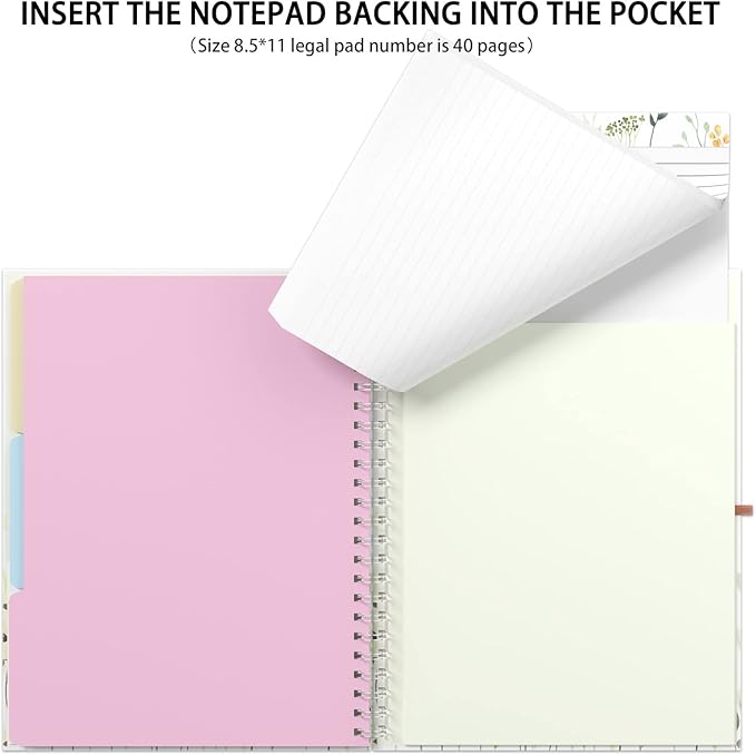 Rimilak Spiral Clipboard Folio with Refillable Lined Notepad, 14.5 x 9.8 In, Hardcover Cover with 5 Interior Pockets, Elastic Band and Pen Loop Series. Cute Stylish Clipfolio, Butterfly Flower