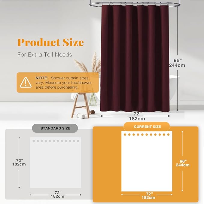 BTTN Fabric Shower Curtain, Linen Textured Heavy Duty Polyester Cloth Shower Curtain Set with Plastic Hooks, Burgundy, 72x96