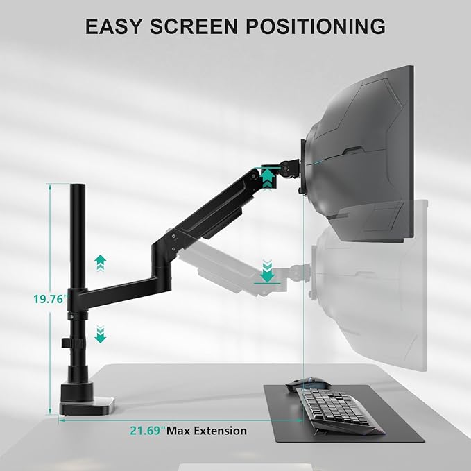 WALI Heavy Duty Monitor Arm Desk Mount for 13-49 Inch Ultrawide Screens, Single Monitor Arm with Full Motion Tilt, Swivel, Rotation, Holds up to 44 lbs, C-Clamp Mount for VESA 75/100mm (GSDM001-P)