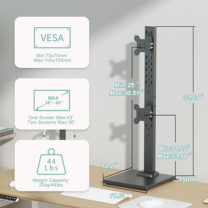 Suptek Dual Monitor Stand with Base Vertical Stack Screen Free-Standing Monitor Riser Fits Two Screen Max 36" & One Screen Max 43" with Swivel, Tilt, Height Adjustable,50,75 and 100mm Vesa Base Stand