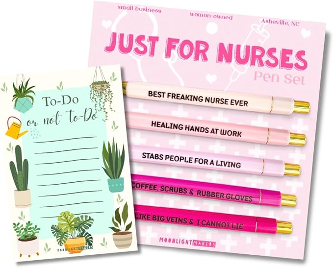 Moonlight Makers Funny Pens and Notepad Stationery Set - Set of 5 Just For Nurses Engraved Ballpoint Pens with Black Ink, To Do Or Not To Do Notepad, Cute Desk Supplies & Funny Work Gifts for Women