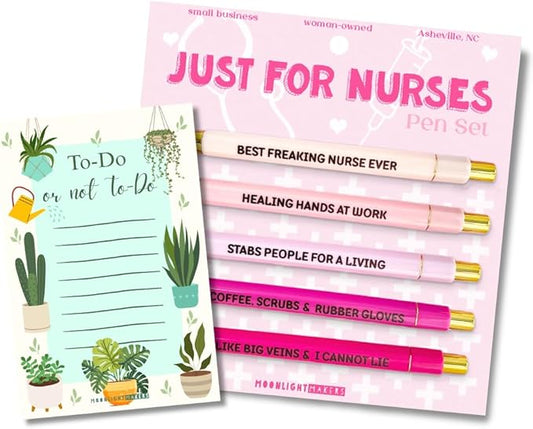 Moonlight Makers Funny Pens and Notepad Stationery Set - Set of 5 Just For Nurses Engraved Ballpoint Pens with Black Ink, To Do Or Not To Do Notepad, Cute Desk Supplies & Funny Work Gifts for Women