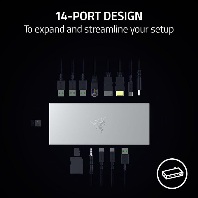 Razer USB 4 Dock: 14 Ports (Type C, Type A, HDMI, DP, Ethernet, SD, 3.5mm) - Dual Monitor Up to 4K 120 Hz - Laptop & Phone Fast Charge - Durable Lightweight Casing - Windows & Mac Compatible - Mercury