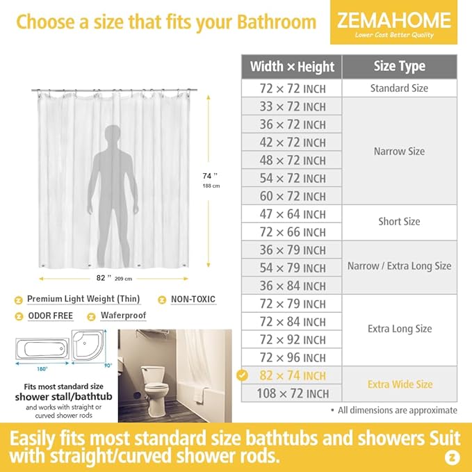 Extra Large Size PEVA Plastic Shower Curtain Liner Premium Light Weight 82" x 74" Clear Bathroom Shower Showroom Curtain Liner with Rustproof Metal Gromments and Weighted Magnet