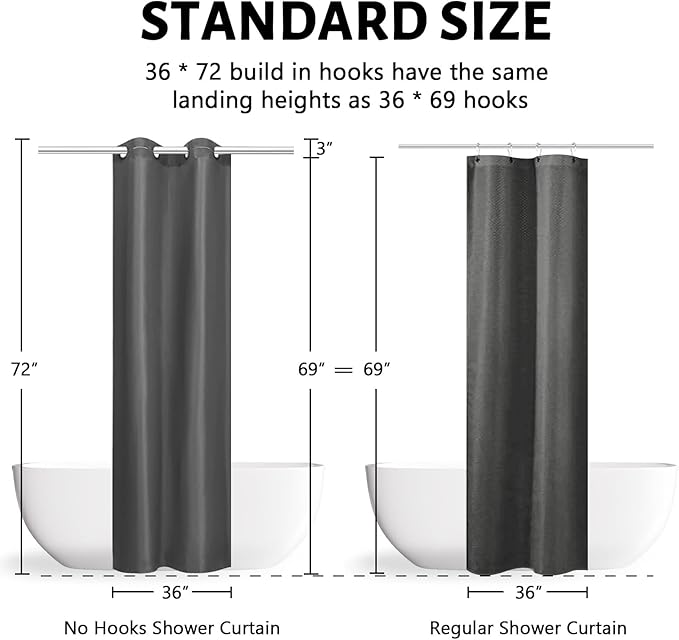 Furlinic No Hook Stall Shower Curtain 36x72 Inch,Polyester Fabric Small Narrow Shower Curtain Liner,Hotel Style Bathroom Curtains with Plastic Split Grommets,Machine Washable & Waterproof,Dark Grey
